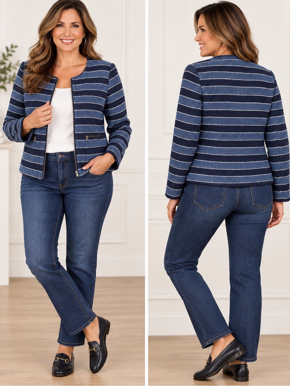 LOFT Womens Size 8 NWT Blue Striped Textured Boucle Zip Front Jacket Blazer